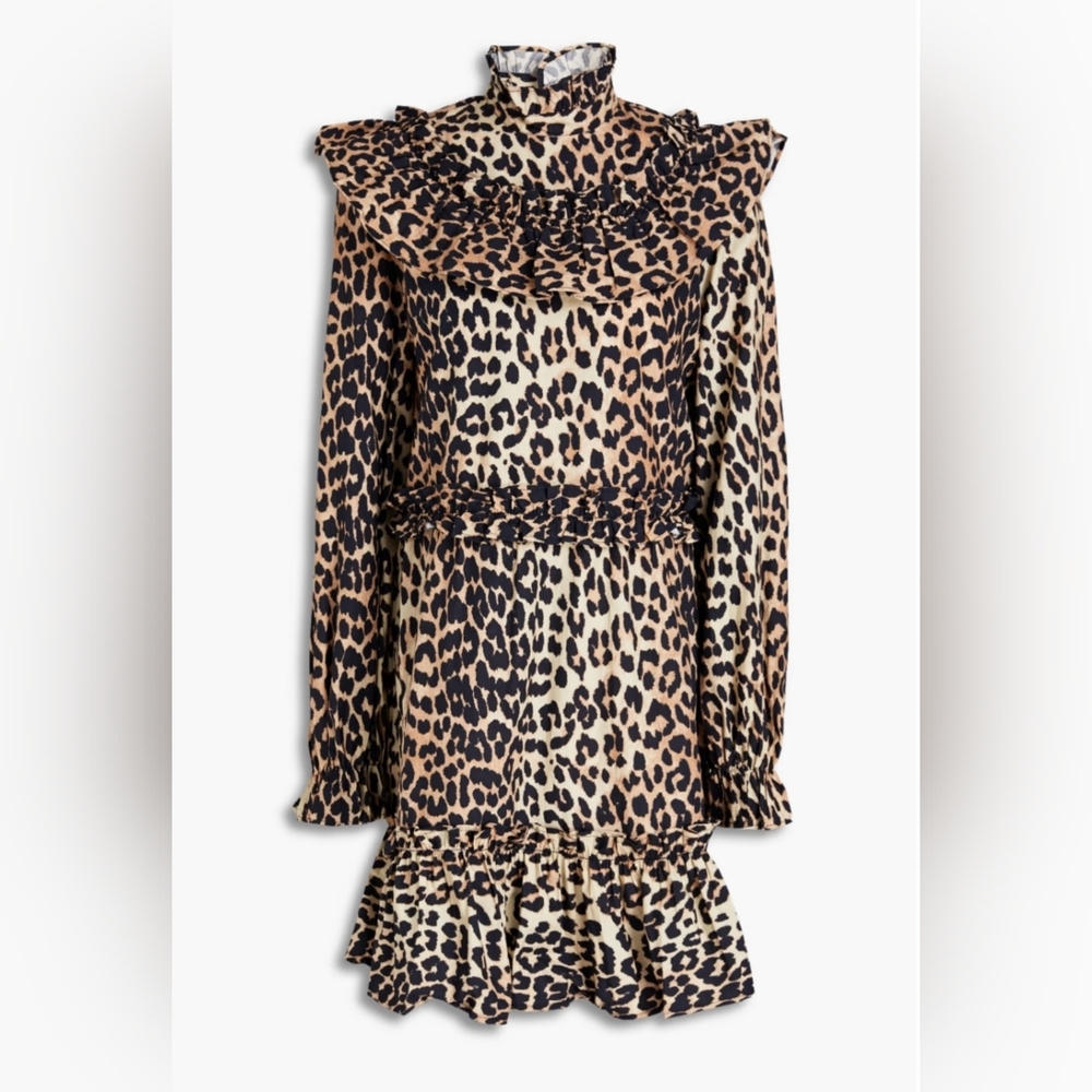 Ganni Ruffled Leopard-Print Cotton Mini Dress